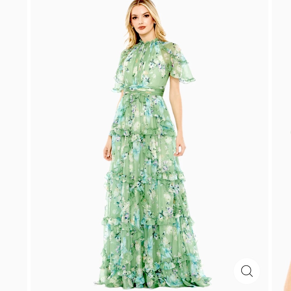 Mac Duggal floral print chiffon cascading ruffle raglan gown